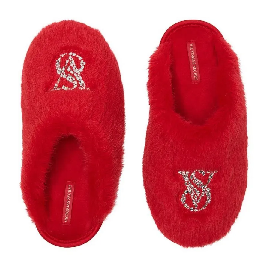 Victoria's Secret Closed-Toe Bright Red Silver Rhinestone Faux Fur Slippers 9 10