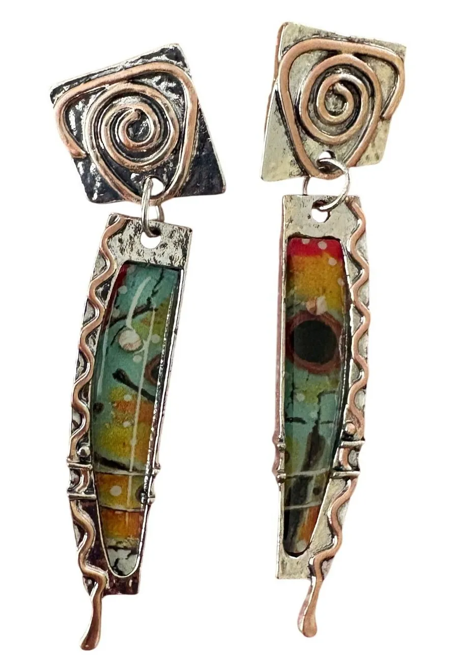 Mixed Metal Resin l Drop Earrings Silver Copper Tone Geometric Dangles