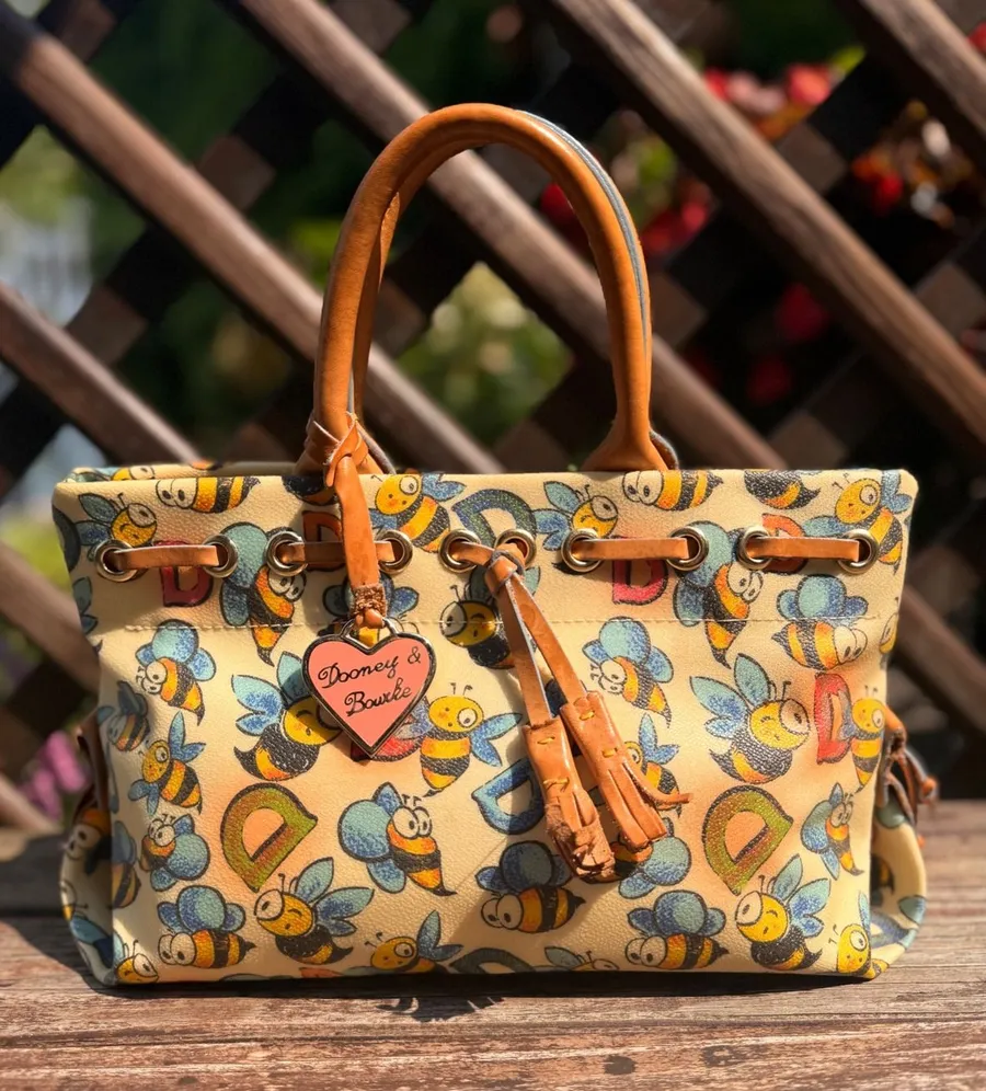 Dooney & Bourke Bumble Bee Print Coated Canvas Tote Bag Tan Leather Trim