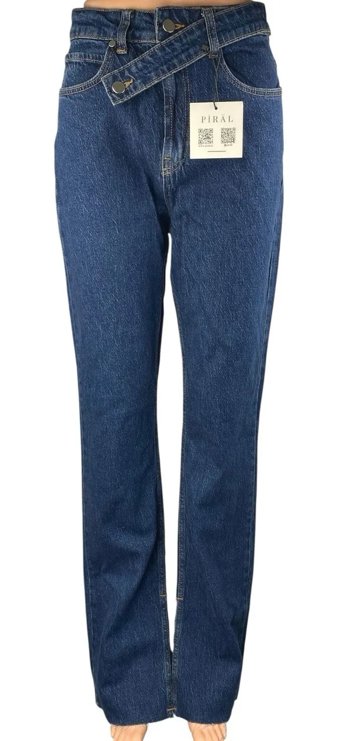 NEW Piral Women's Blue High Waisted Cross Belt Straight Denim Jeans Size M Size M