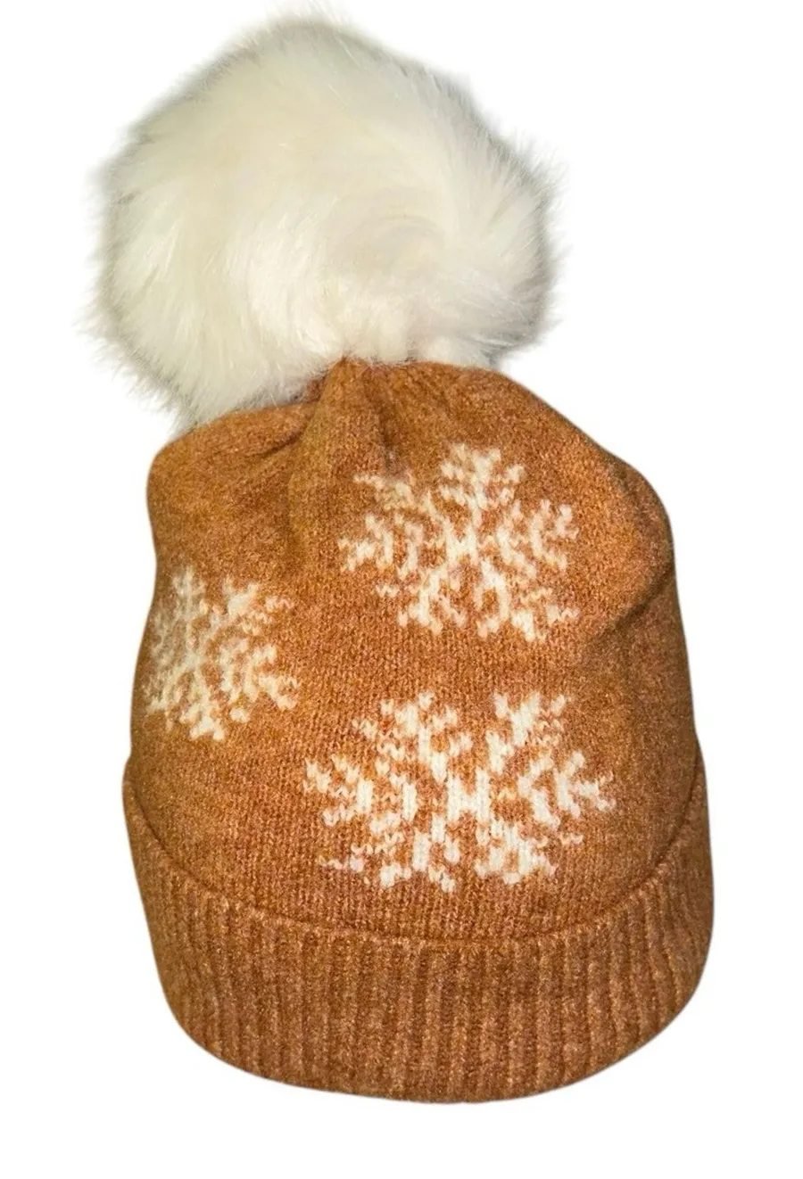 LOFT Wool Blend Snowflake Beanie Hat Faux Fur Pom Pom Winter One Size