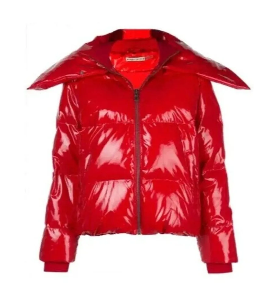 NWT Alice + Olivia Durham in Shiny Ruby Red Funnel Pillow Collar Puffer Jacket M