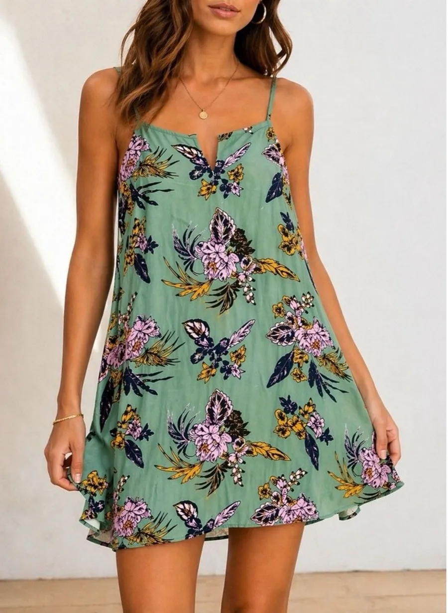 Maaji Green Tropical Floral Slip Dress Size Medium V-Neck Strappy Mini Cover-Up