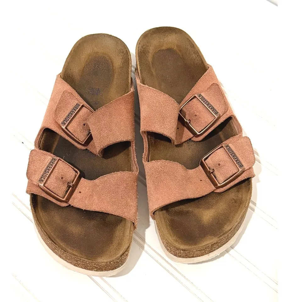 Birkenstock Arizona Suede Leather Sandals Pink Clay Two Strap Slides Womens 40
