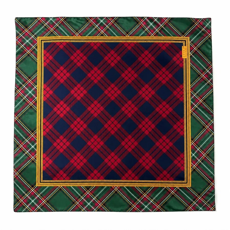 Club 7 Echo OS Scarf Square Plaid Tartan Silky Border Print Green Red Multi