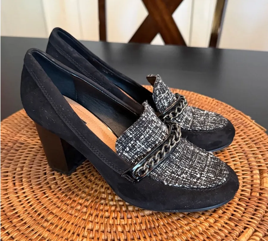 Tahari LaSalle Black Tweed Chain Link Block Heel Loafer Pumps Women 7.5M
