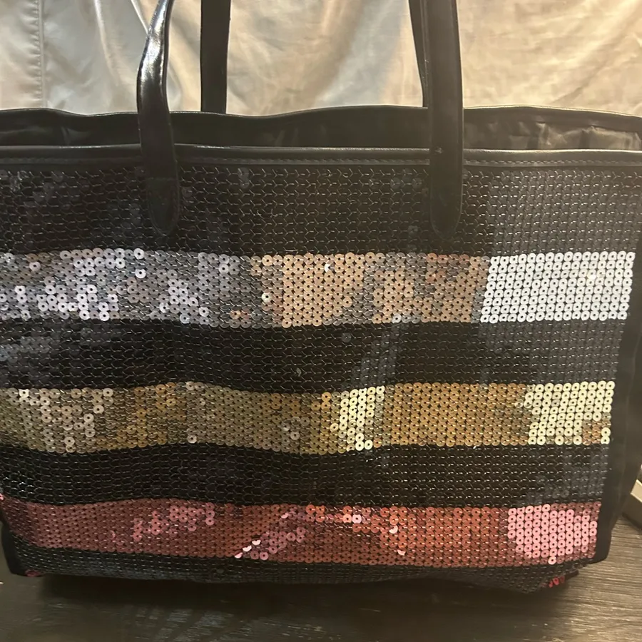 Sequin Striped Tote Bag - Black, Gold, Silver, Brown, Pink