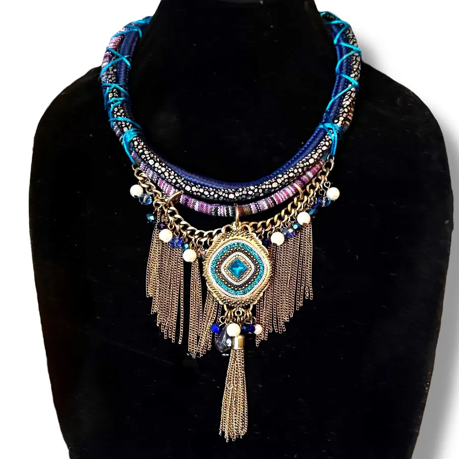Makarlon Regal Boho Beaded Pendant and Gold Fringe Statement Necklace Blue