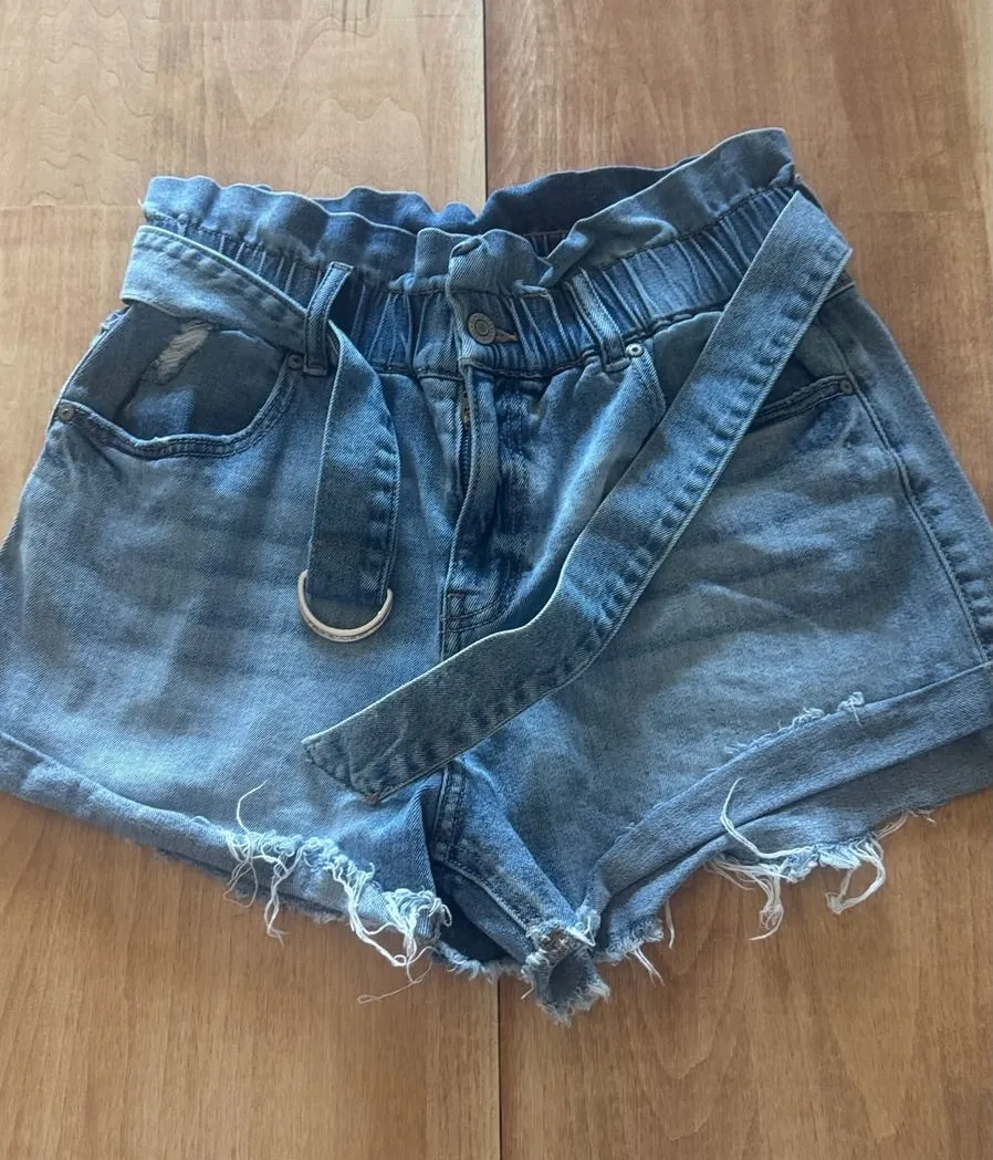 Eunina Paperbag Rolled Shortie Blue Denim High Rise Belted Shorts Small