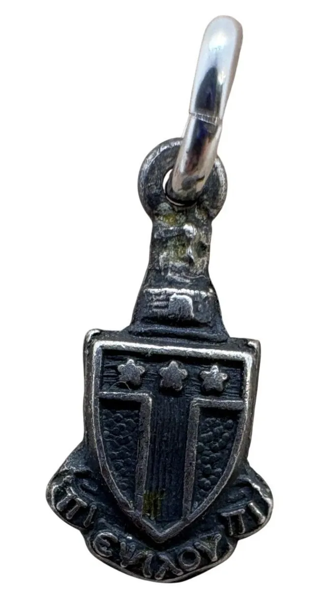 Vintage Sterling Silver Shield Crest Charm Greek Inscription Heraldic 0.45g