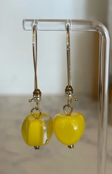 Elegant Yellow Dangle Earrings Thin Wire Hoop w/ Yellow Glass