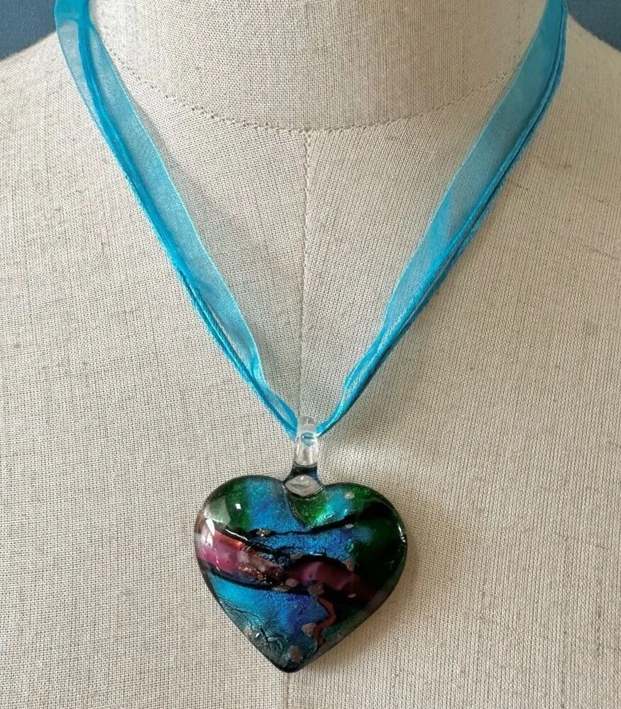 Blue heart glass blown pendant necklace on cord