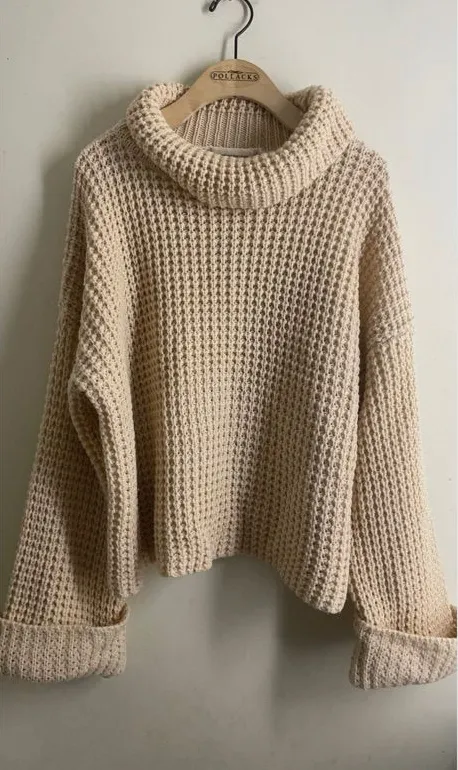 Goodnight Macaroon Retta Cognac Ribbed Waffle Knit Oversized Cropped Turtleneck