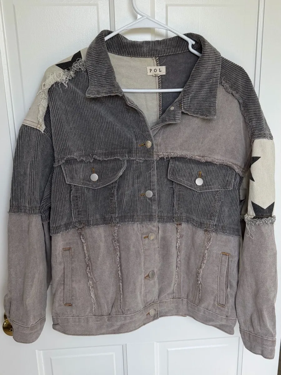 POL Oversized Star Patchwork Corduroy Shacket Jacket Gray Small