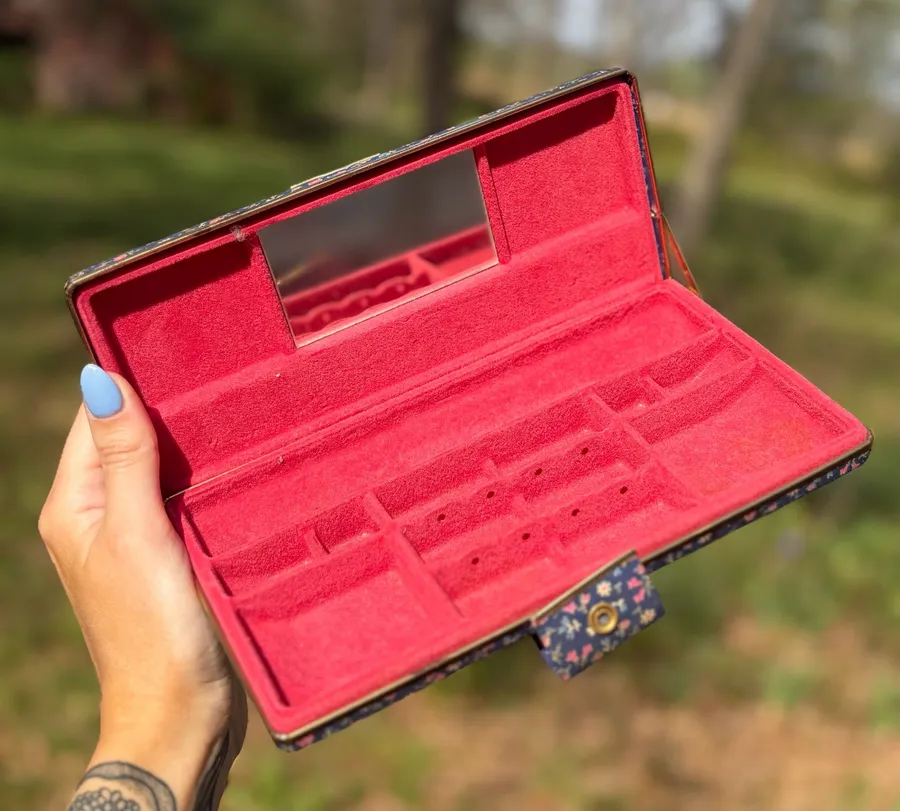 Vintage 80s Calico Floral Travel Jewelry Case Blue