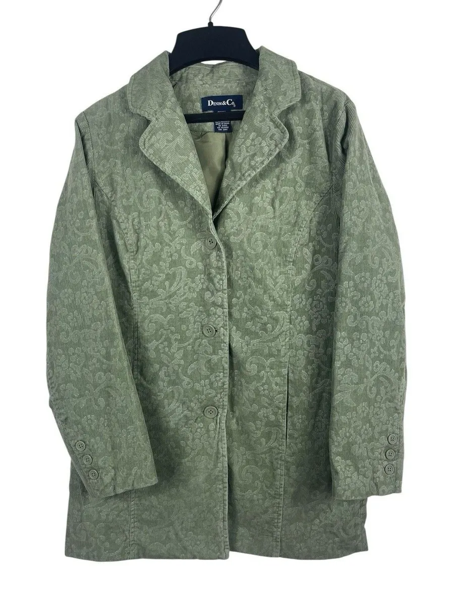 VTG Y2K Denim & Co. Sage Green Corduroy Jacquard Blazer Jacket S Button Up