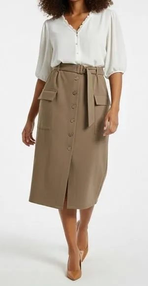 NYCC Button Front Belted Midi Skirt Womens L Taupe Stretch Utility Corporate Brown Size L