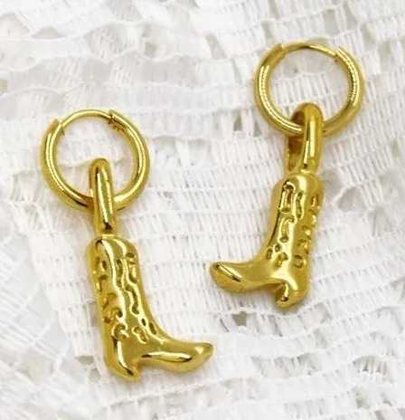 Stainless Steel Gold Cowboy Boot Earrings