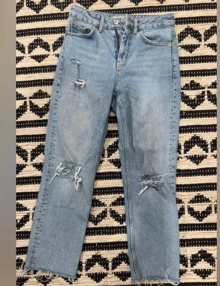 Topshop Blue Straight Leg Jeans with Distressed Knees