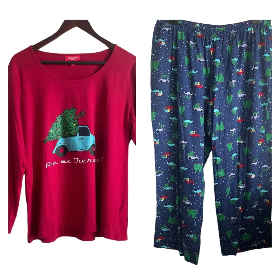 Christmas PJs Set Women 1X Red Long Sleeve Holiday Novelty Print Lounge Festive Size XL