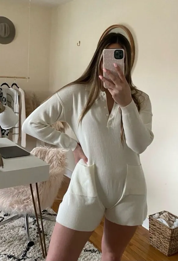 Altar’d State White Long Sleeve Polo Knit Ribbed Romper, Size Small