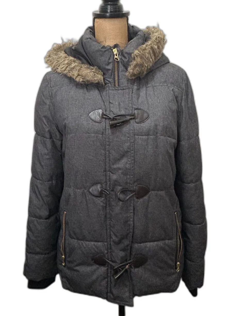 Gap Toggle Button Puffer Coat Faux Fur Hood Heavyweight Winter Gray Size Medium