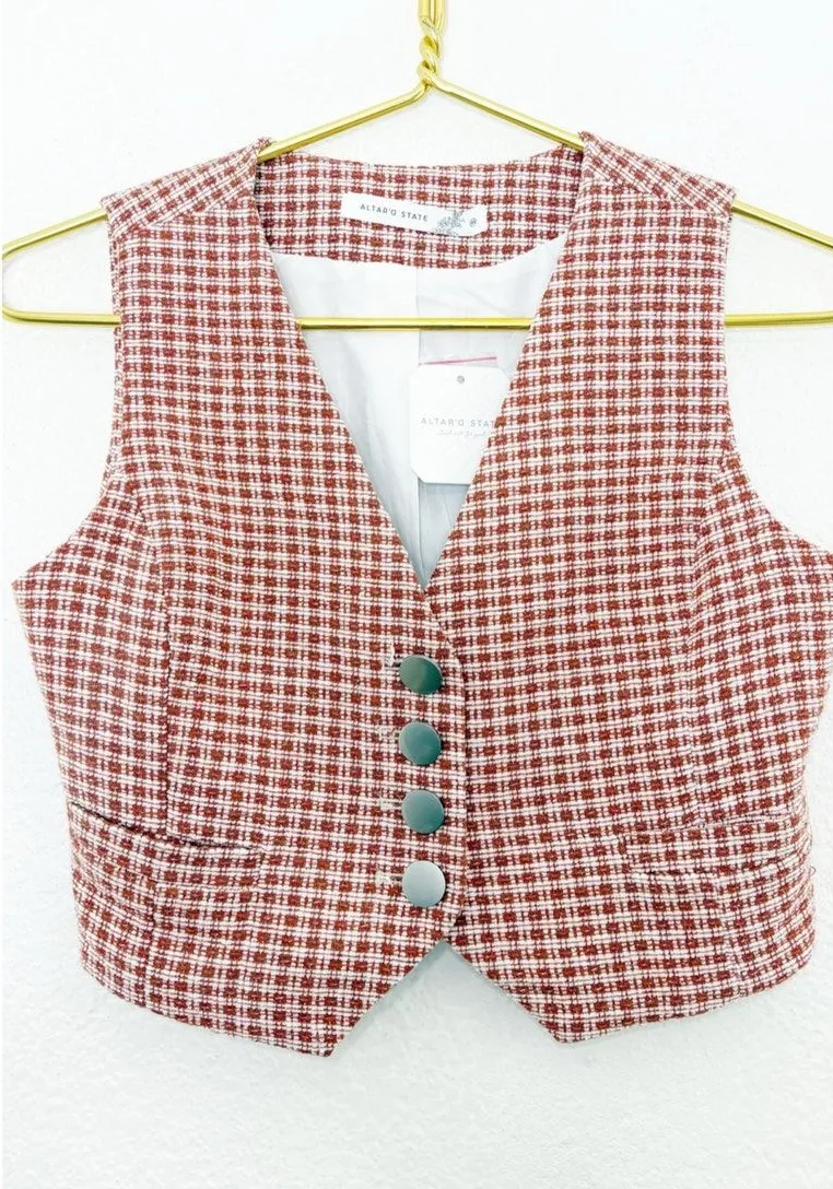 NWT Altar'd State Check Plaid Micro Vest Rust Button Front XS Preppy Menswear Orange