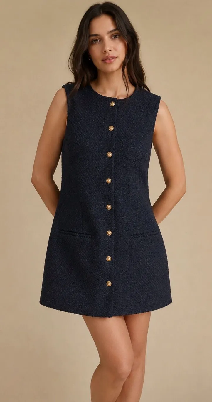 Abercrombie & Fitch Mara Tweed Vest Mini Dress Navy Gold Button XL Like New