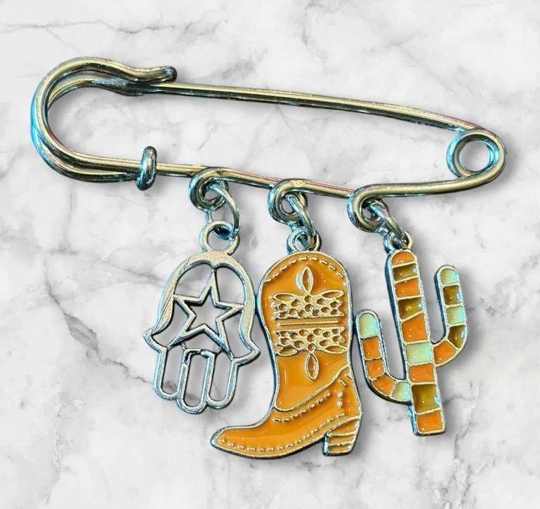 Yellow Enamel Western Charm Brooch — Hamsa, Cowboy Boot & Cactus