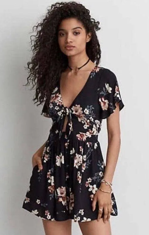 AE Black Floral Front Tie Romper