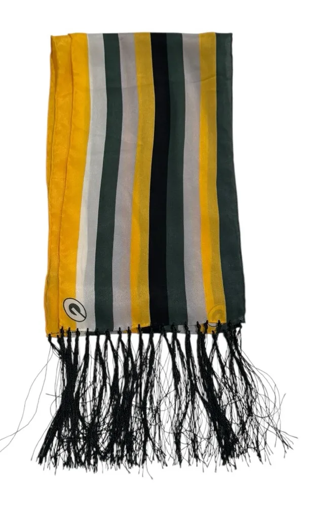 Vintage Green Bay Packers 100% Silk Striped Scarf w/ Tassels – EUC 60” x 8” Gold