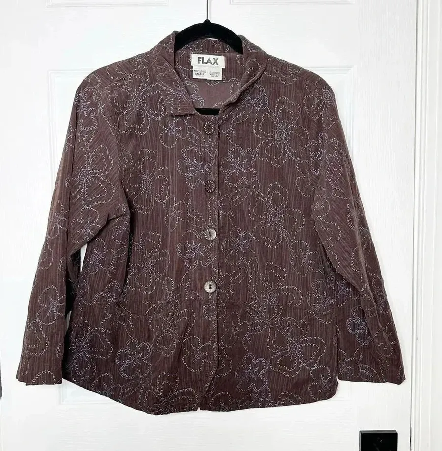 FLAX Size S Brown Corduroy Collared Lightweight Jacket Blue Embroidered Floral