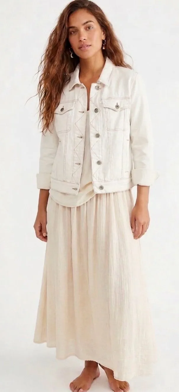 Free People White Denim Jacket - Size Medium - Boho Chic