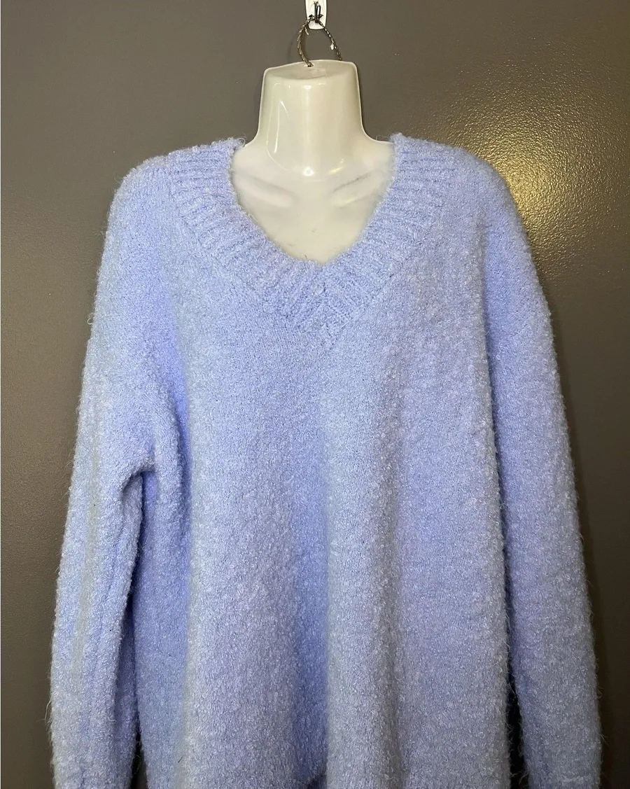 Aerie Sweater Womens Medium Blue Fuzzy Chunky Knit V Neck Pullover Cozy Soft