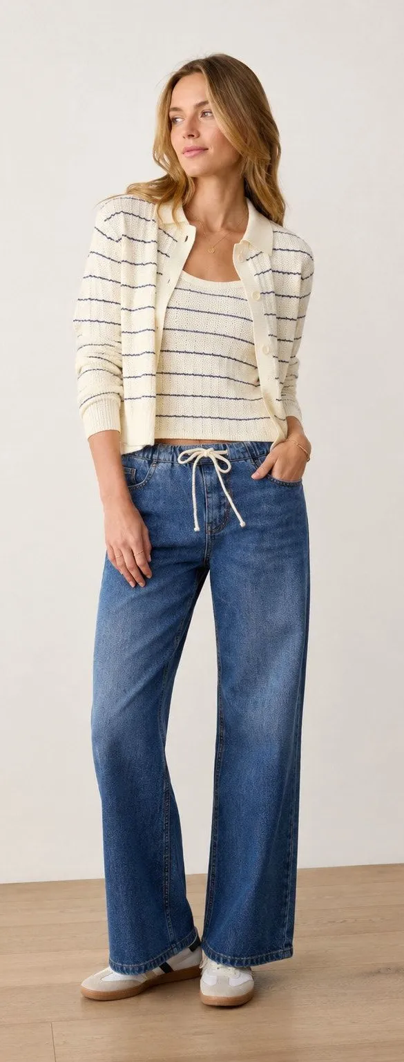 Marine Layer Eva Pointelle Polo Cardigan & Sweater Cami Set Cream Blue Stripe M