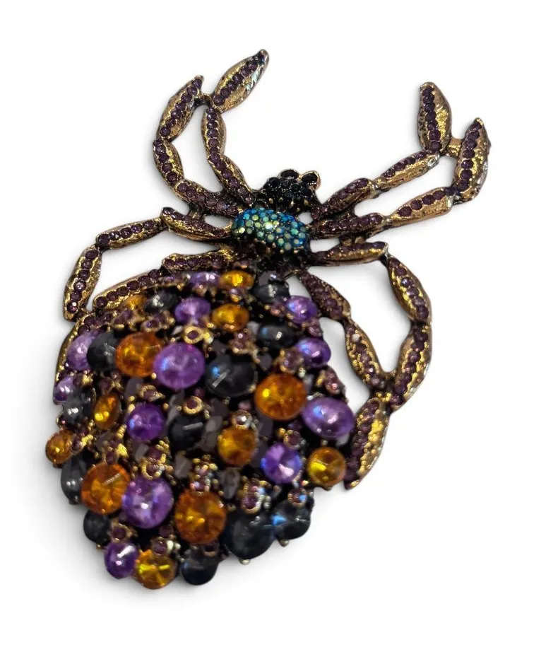Large Spider Brooch Purple Amber Black Rhinestone Beaded Statement Pin Gold