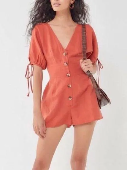 Urban Outfitters Lily Linen Blend Terra Cotta Short Sleeve Button Romper Medium