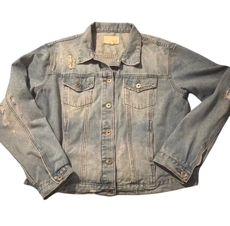 Mia Madison Blue Denim Jean Jacket Distressed Silver Tone Hardware Plus Size 1X