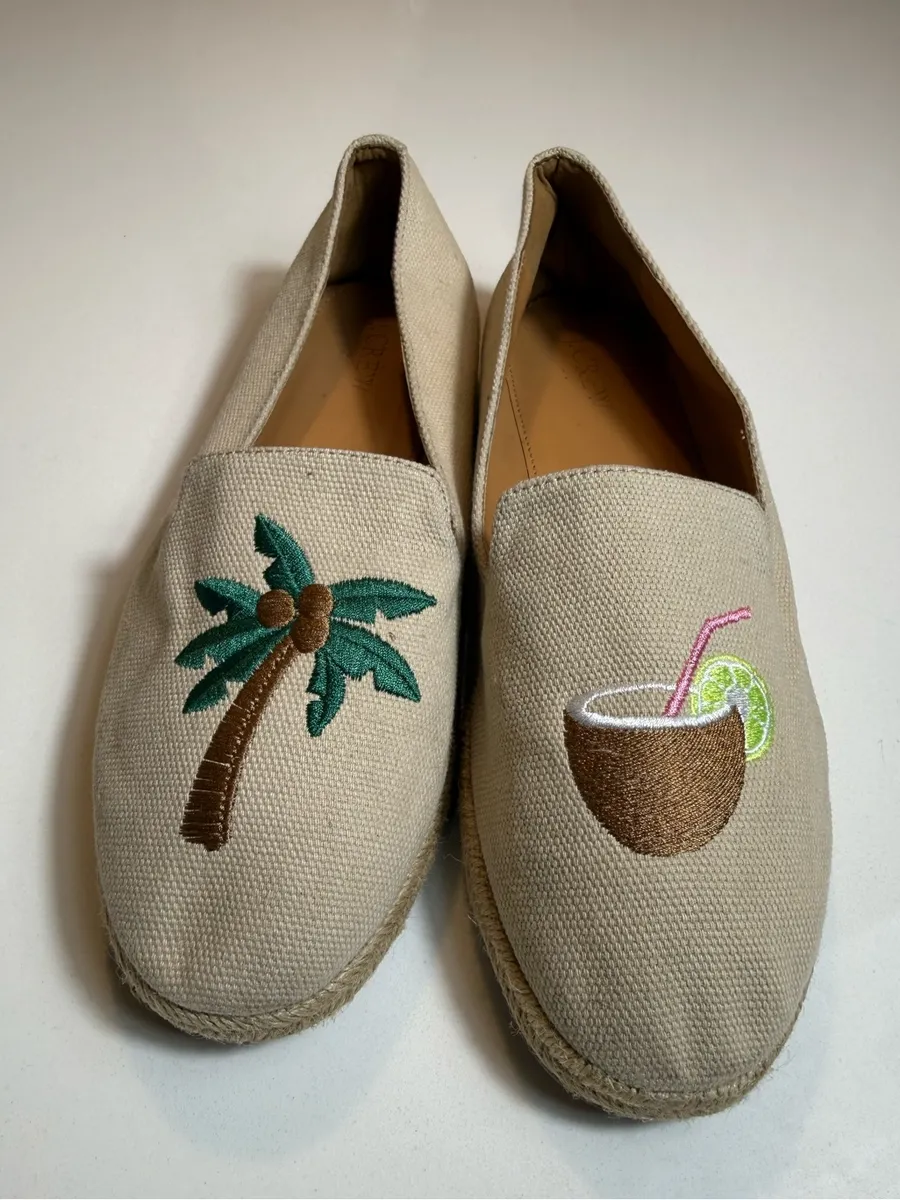 J.Crew Factory Tropical Embroidered Slip-On Espadrilles PalmTree Coconut Size9.5
