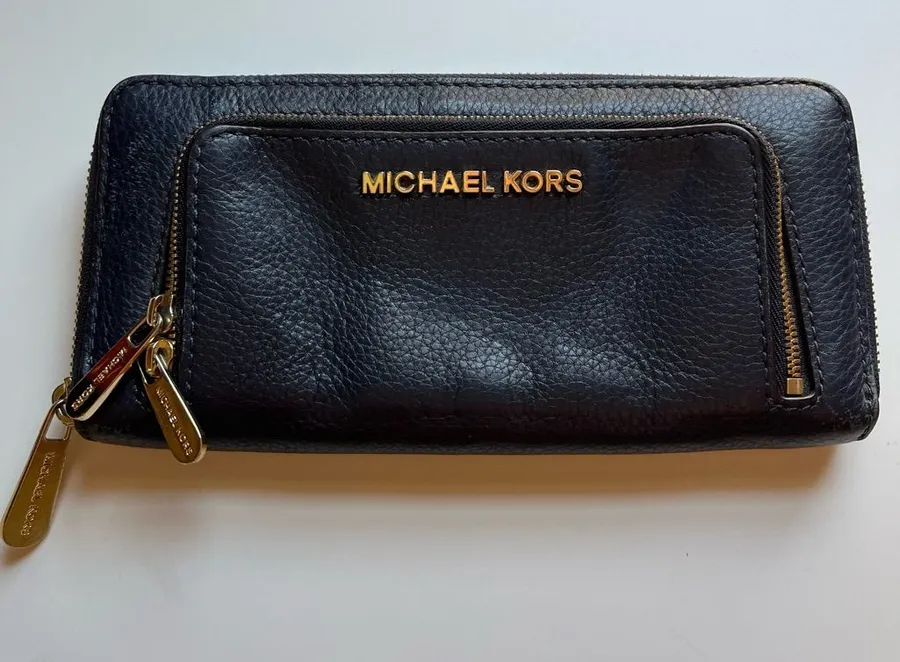 Michael Kors Dark Navy Blue Pebbled Leather Double Zip Wallet with Gold Hardware