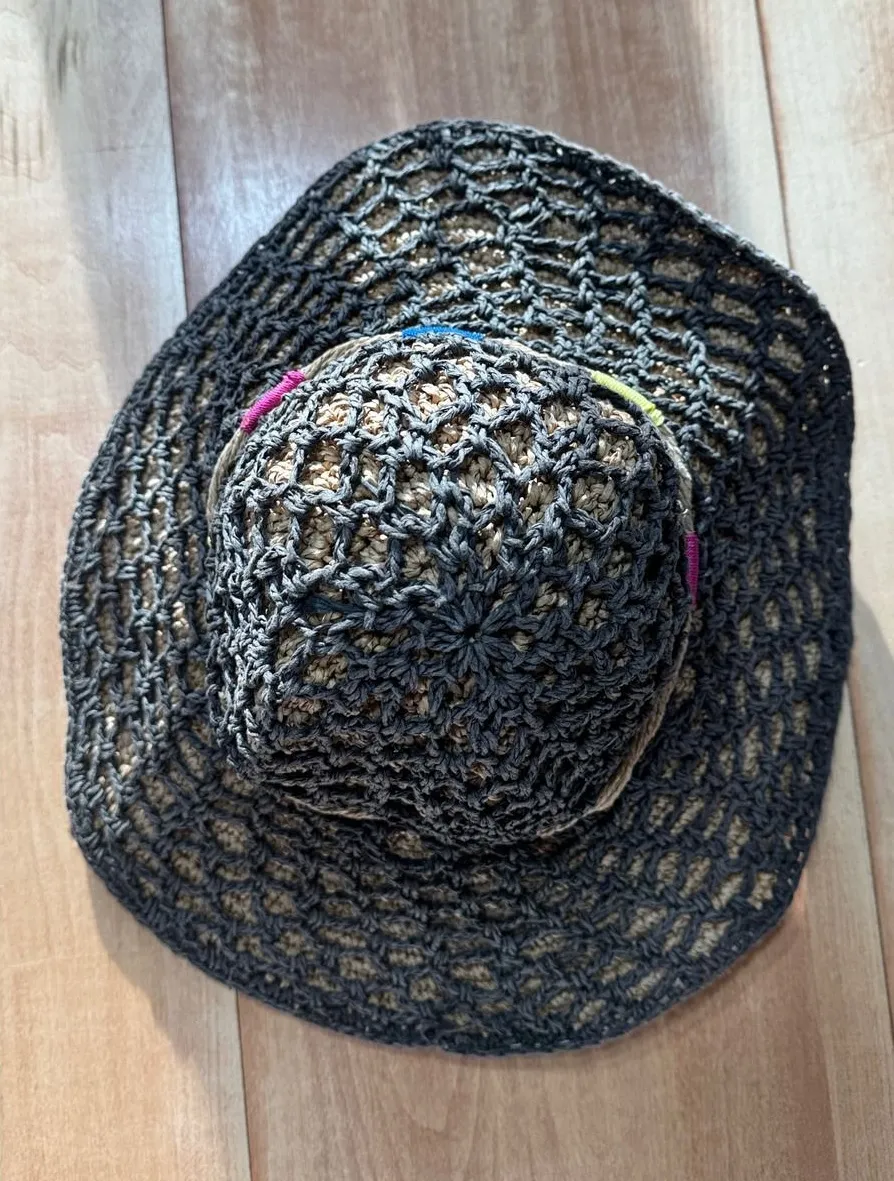 Betsey Johnson Womens Brown Black Paper Straw Floppy Sun Hat Rainbow Trim OS