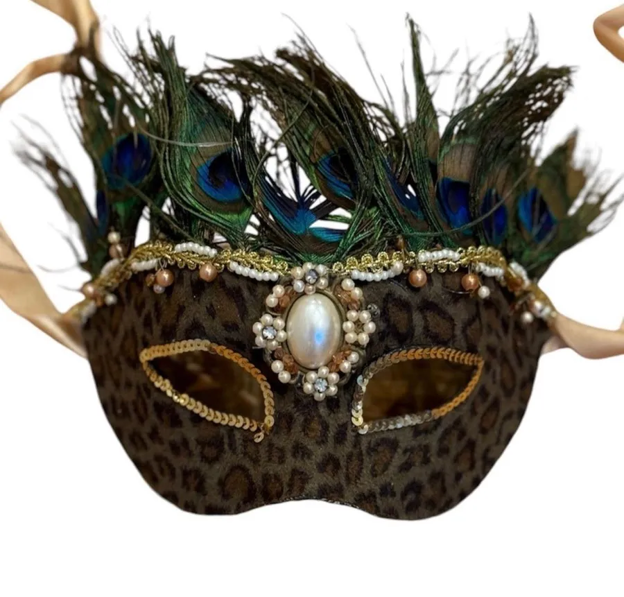Masquerade Mask Animal Pottery Barn Mardi Gras Ornate Peacock Feathers Jewel Print