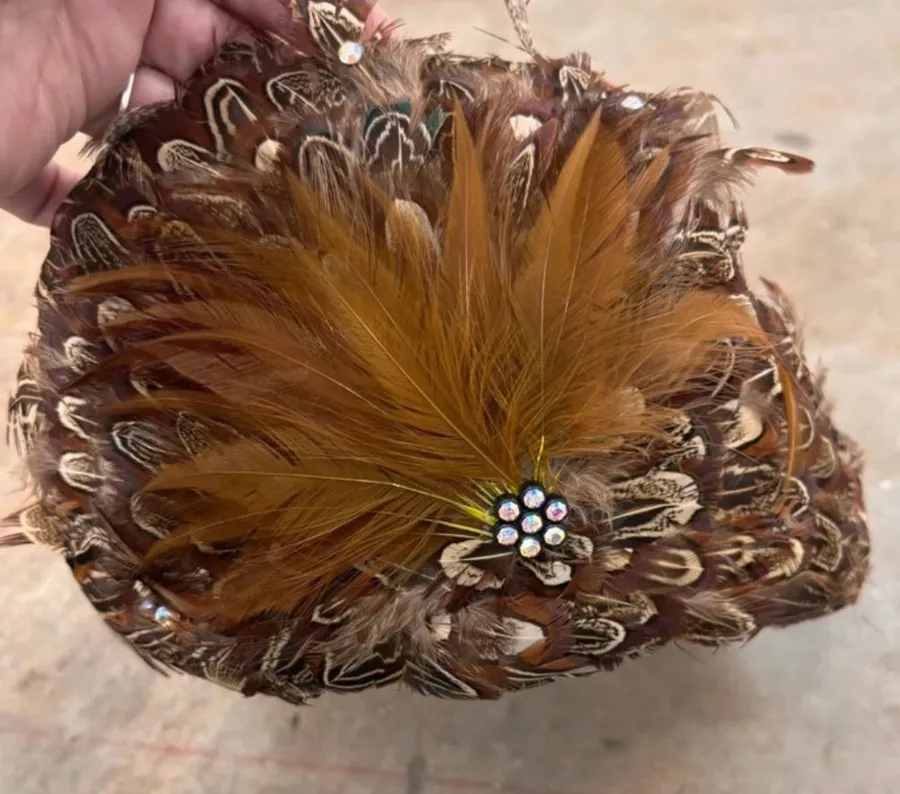 Vintage Feather Crown Pillbox Hat Accent Rhinestone Brooch Brown Womens OSFM