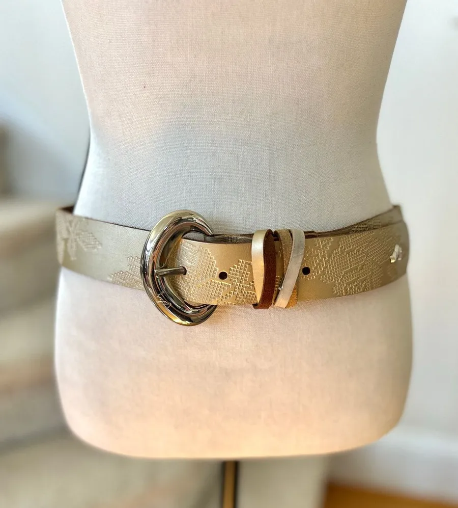 Velez Chunky Gold Leather Cross Stitch Floral Silver Buckle Western Belt S/34