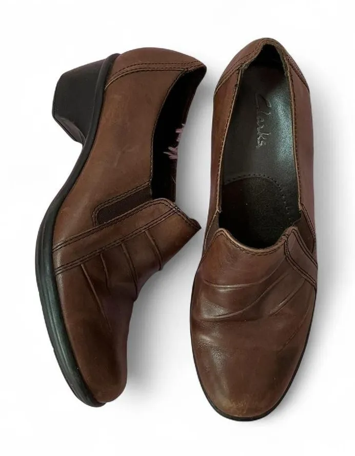 Clarks Brown Leather Slip On Loafers Comfort Casual Heeled Shoes