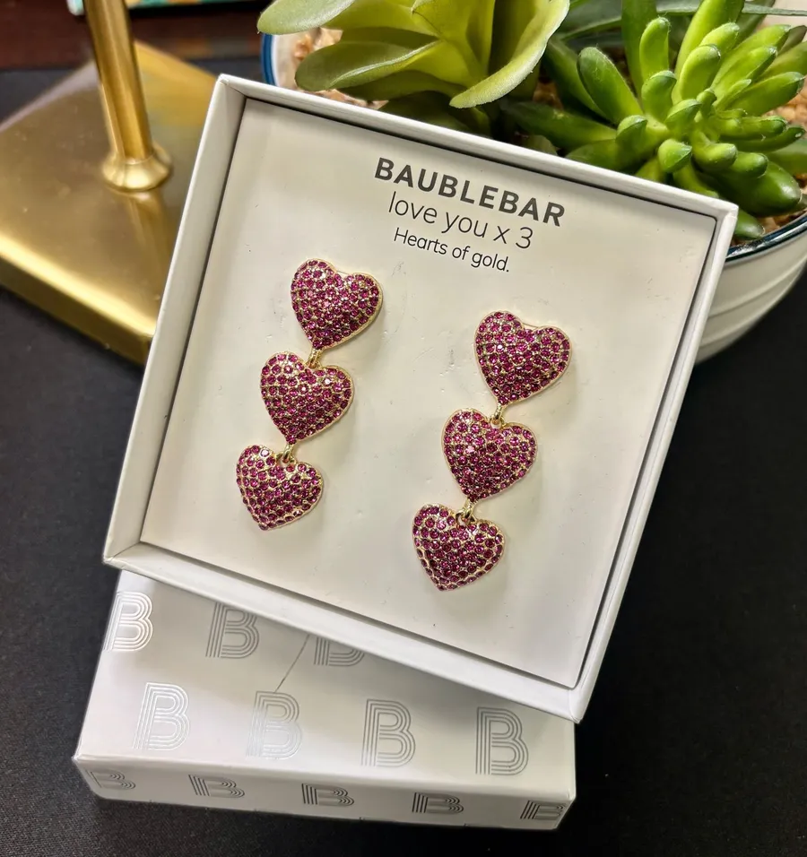 BaubleBar Pink Rhinestone Triple Heart Drop Earrings