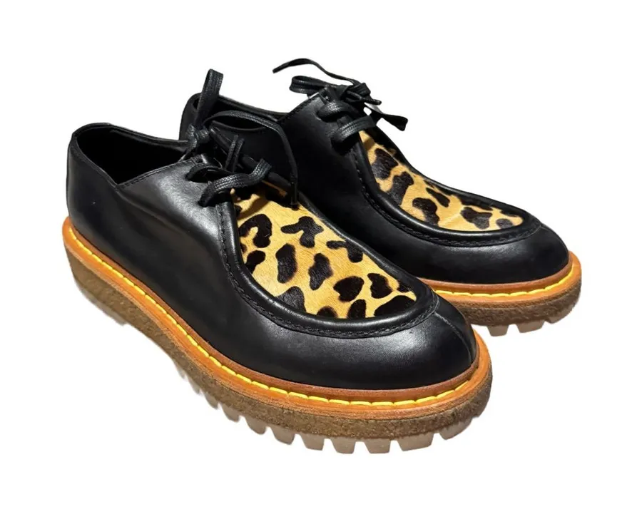 Car Shoe Prada Platform Derby Loafers Womens 37/ 6.5 Leopard Print Black Leather