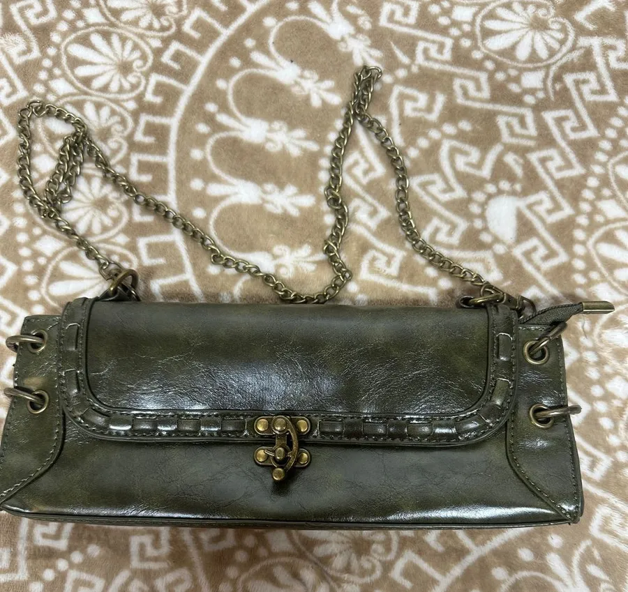 Olive Green Chain clutch Shoulder Bag with Antique Brass Hardware