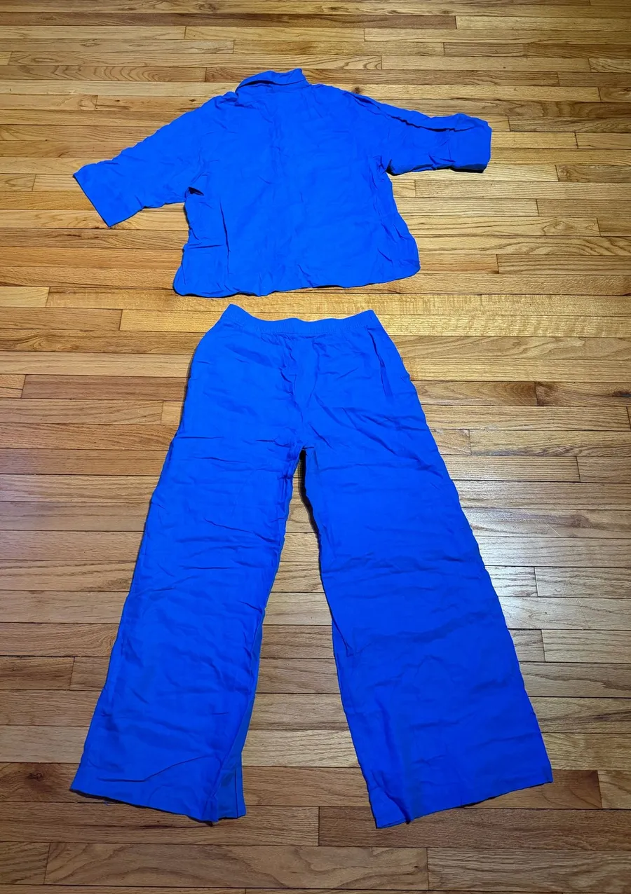 Zara Linen Matching set button shirt Coord wide pant drawstring lounge blue M