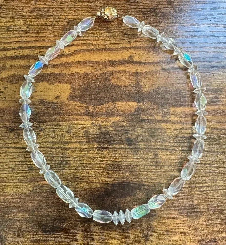 Vintage Aurora Borealis Faceted Clear Beaded Choker Necklace